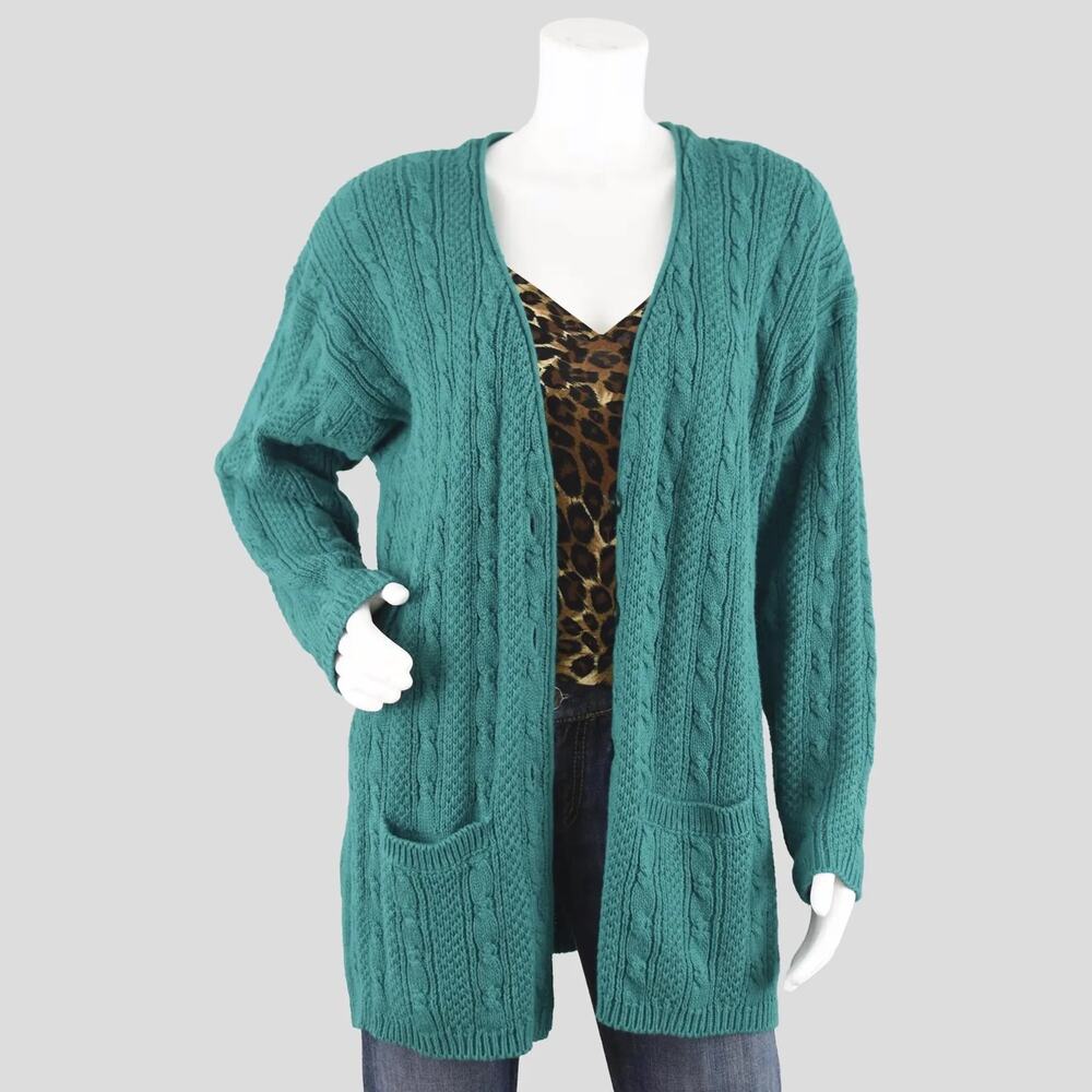 Karen Scott Vintage 80s Green Chunky Knit Long Length Cardigan Women's Large